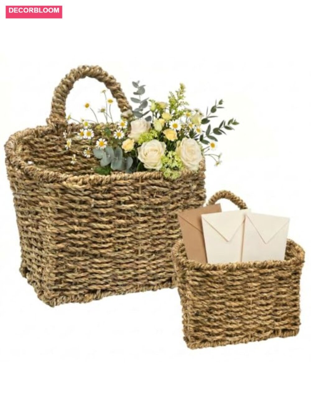 Set of 2 Handwoven Sea Grass Wicker Wall Baskets with Iron Frame for Boho Wall